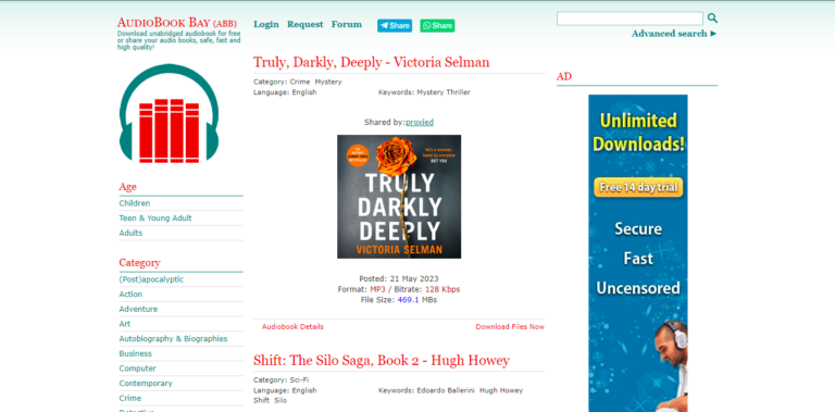 Audiobookbay homepage with various audiobook categories and download options.