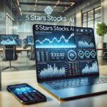 A dynamic illustration of 5starsstocks AI analyzing stock market trends on a sleek financial dashboard.