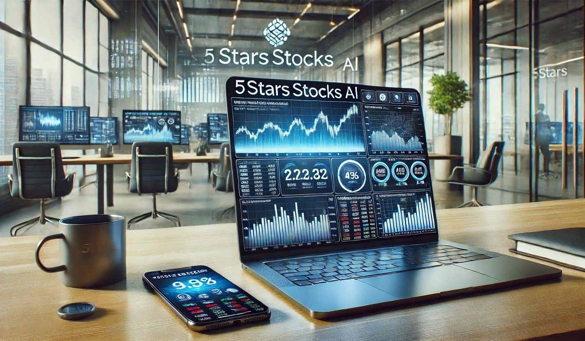 A dynamic illustration of 5starsstocks AI analyzing stock market trends on a sleek financial dashboard.