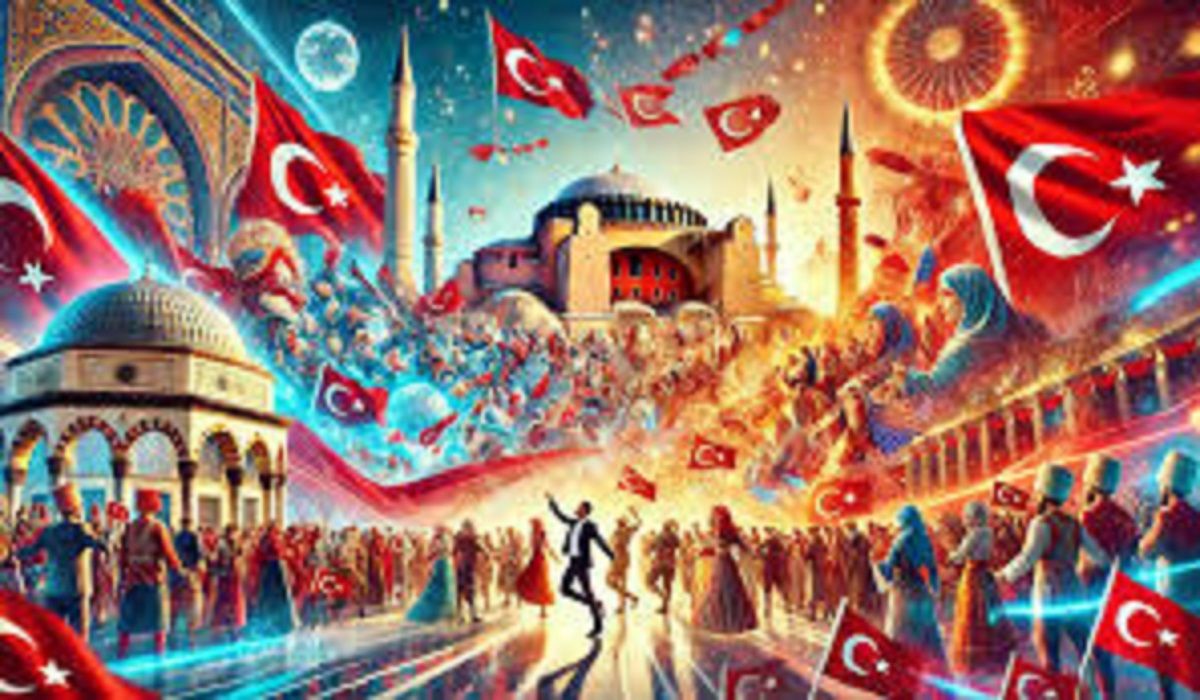 Hüriyer logo with Turkish cultural icons and vibrant magazine content