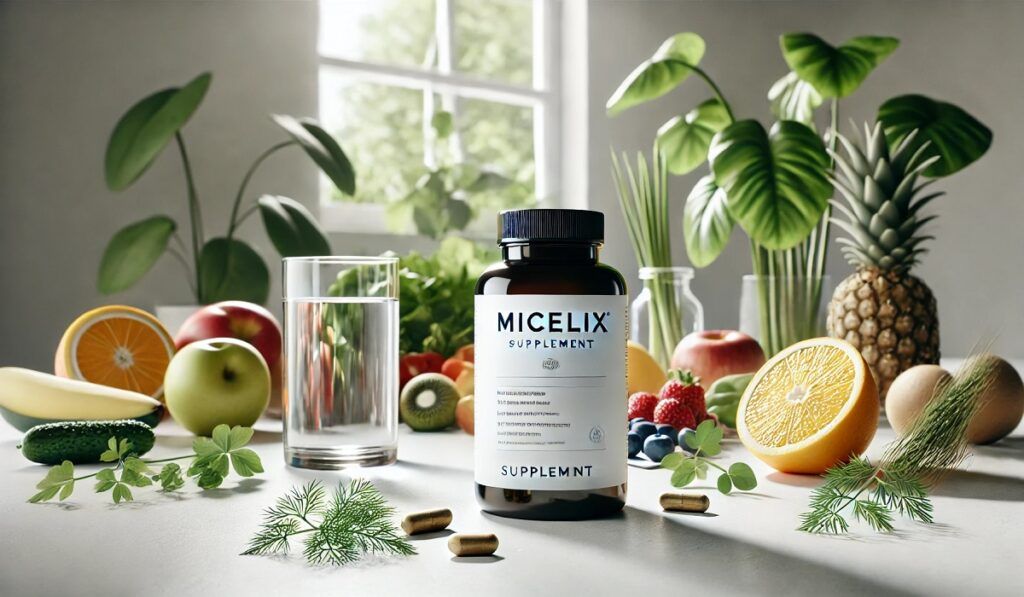 Micelix supplement bottle with natural ingredients like herbs and fruits displayed in a clean setting