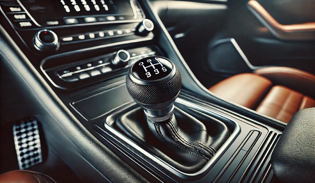 A close-up of a stylish gear knob in a modern car interior.