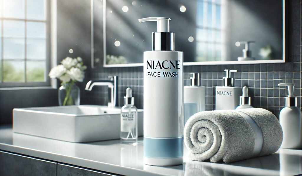 Niacne Face Wash bottle placed on a bathroom counter with skincare products and towels.