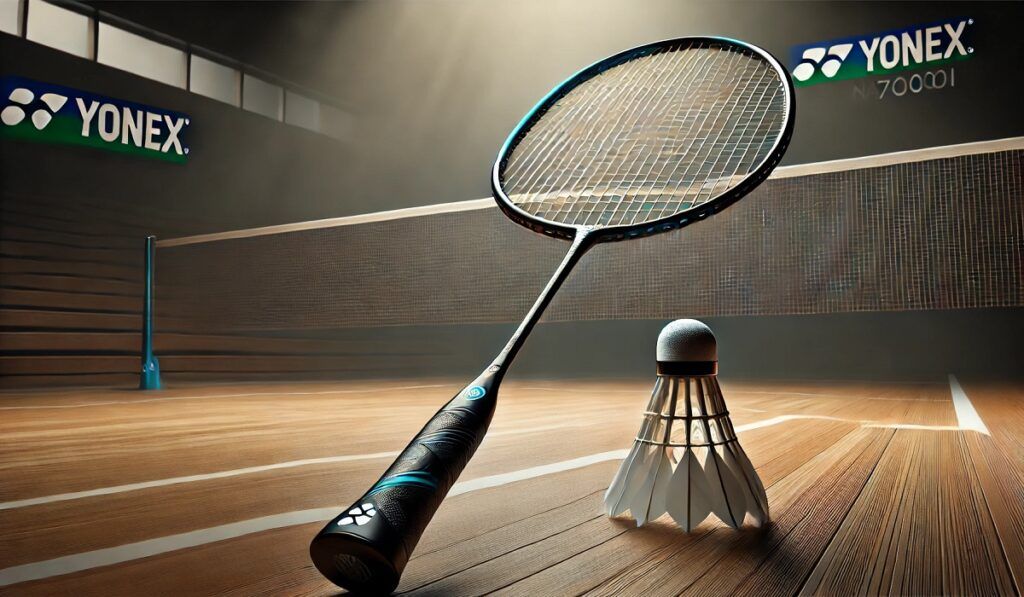 Yonex Nanoray 7000i badminton racket placed on a wooden court floor with a shuttlecock beside it.