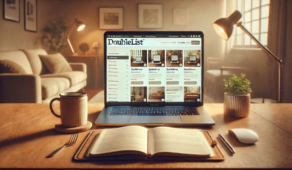 The Doublelist website interface displayed on a laptop in a cozy setting with coffee and notepad on a wooden desk.