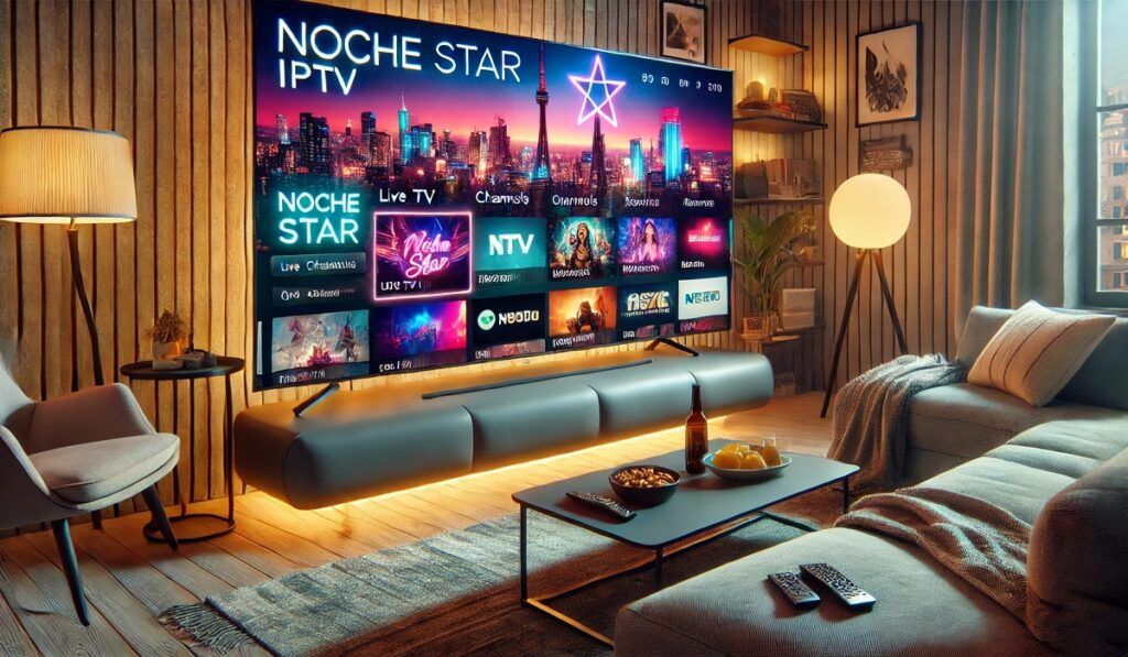 Noche Star IPTV interface displaying a vibrant streaming service on a modern TV in a cozy living room setup.