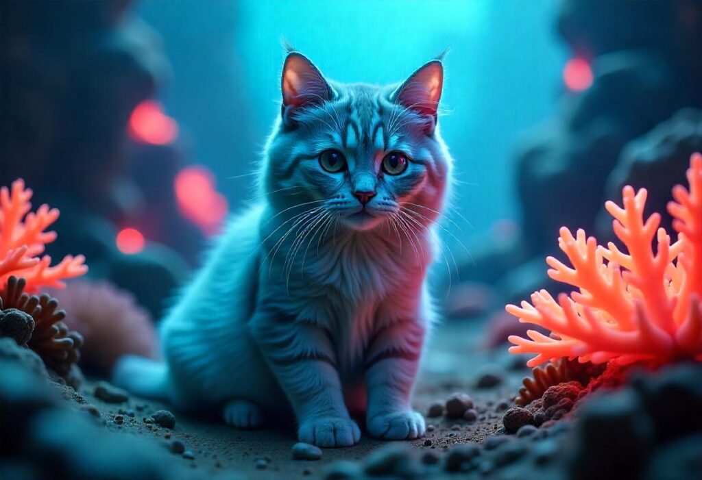 A stylized cat posing dramatically against a futuristic backdrop with glowing neon lights, symbolizing the artistic blend of cat photography and Stellar Blade themes.